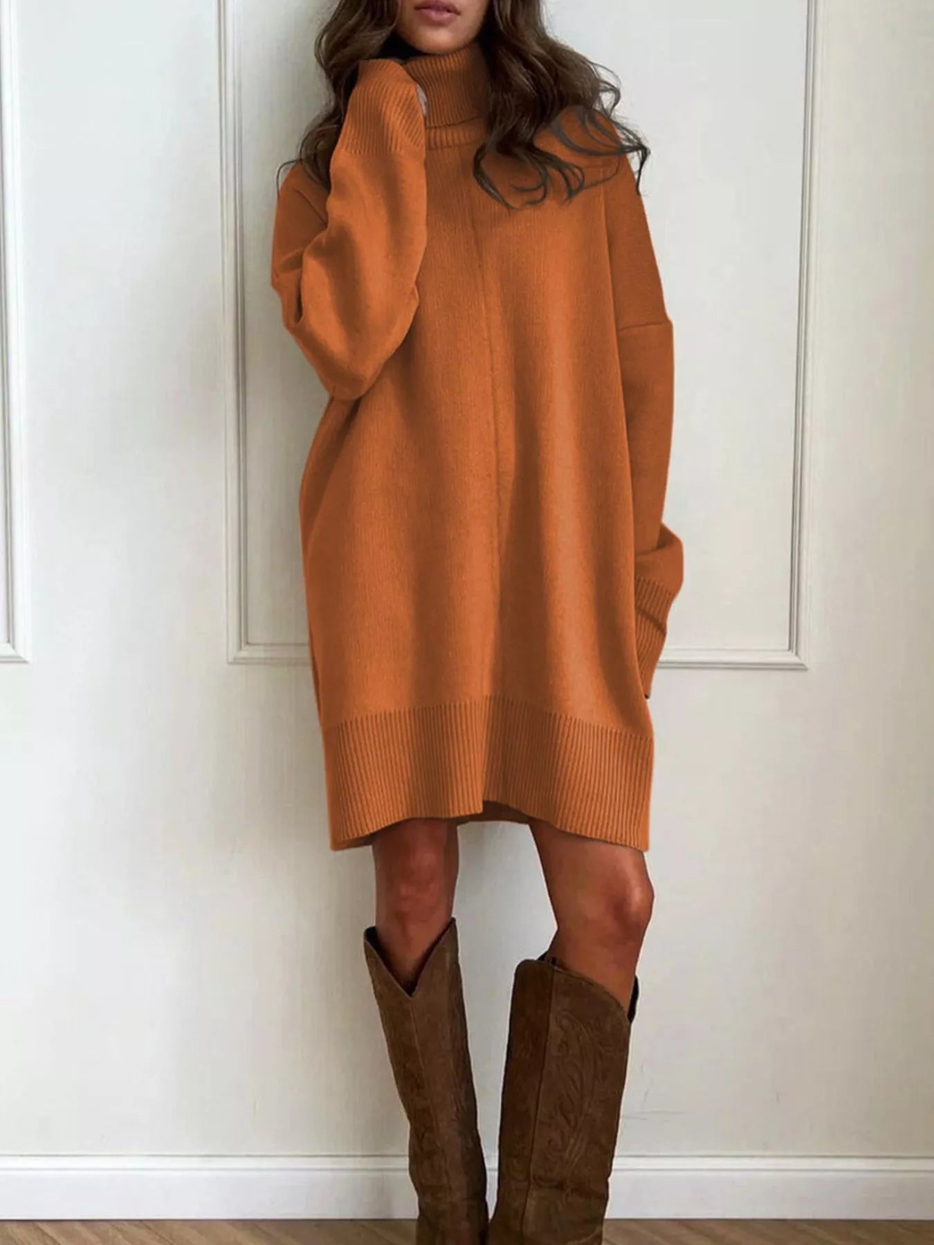 Solid Color Turtleneck Drop Shoulder Loose Sweater Dress  DAME BOHEME