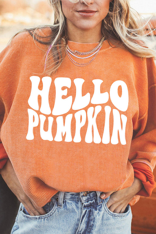 Orange HELLO PUMPKIN Letter Graphic Corded Sweatshirt  DAME BOHEME