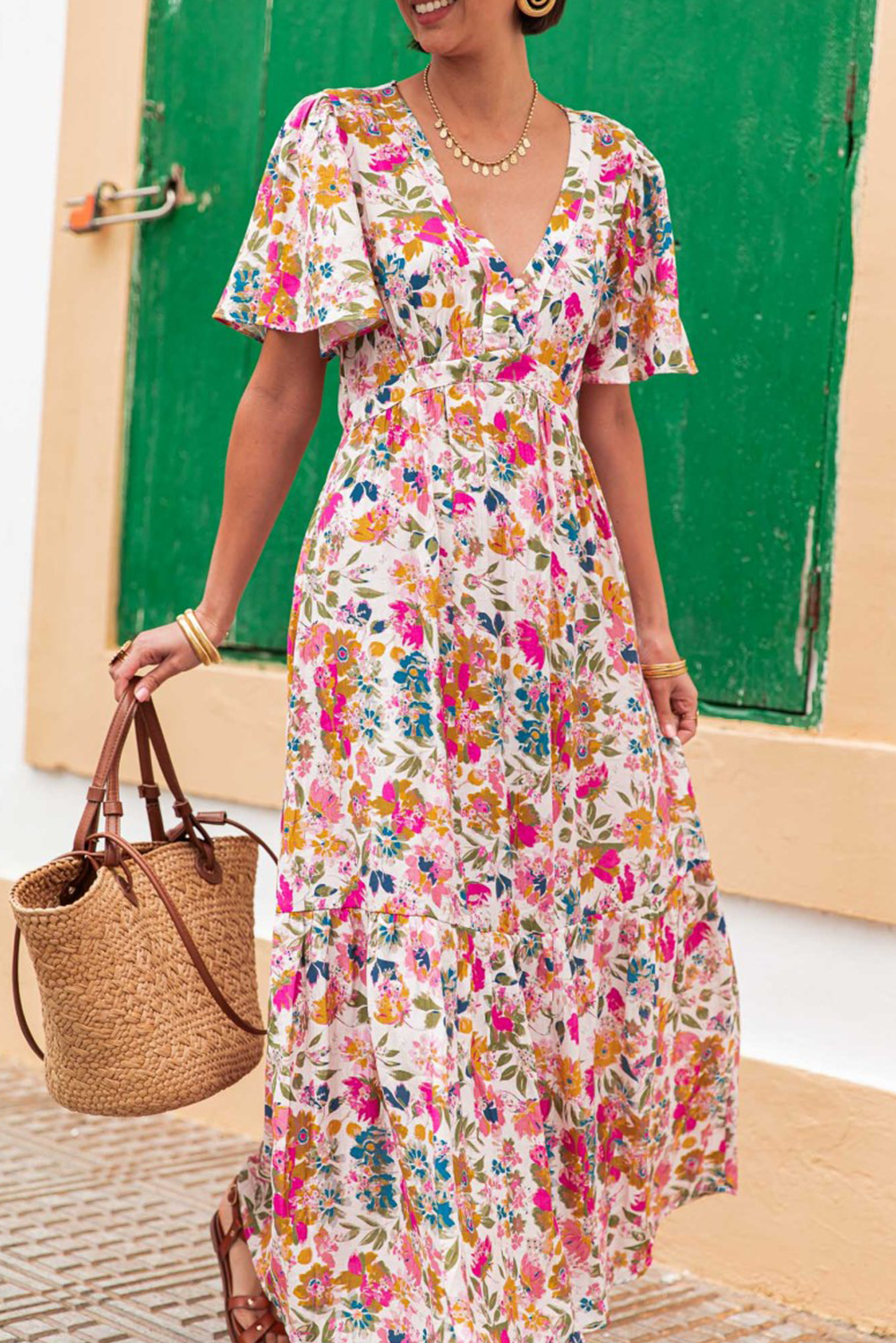 Red Floral Short Sleeve V Neck High Waist Maxi Dress – DAME BOHEME Red Floral Short Sleeve V Neck High Waist Maxi Dress – DAME BOHEME