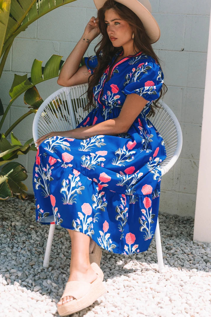 Floral Puff Short Sleeve High Waist Midi Dress Trendsi