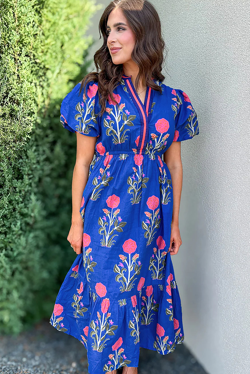 Floral Puff Short Sleeve High Waist Midi Dress Trendsi