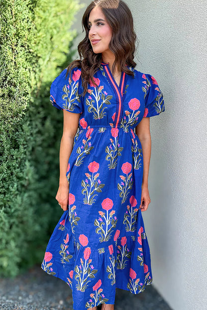 Floral Puff Short Sleeve High Waist Midi Dress Trendsi