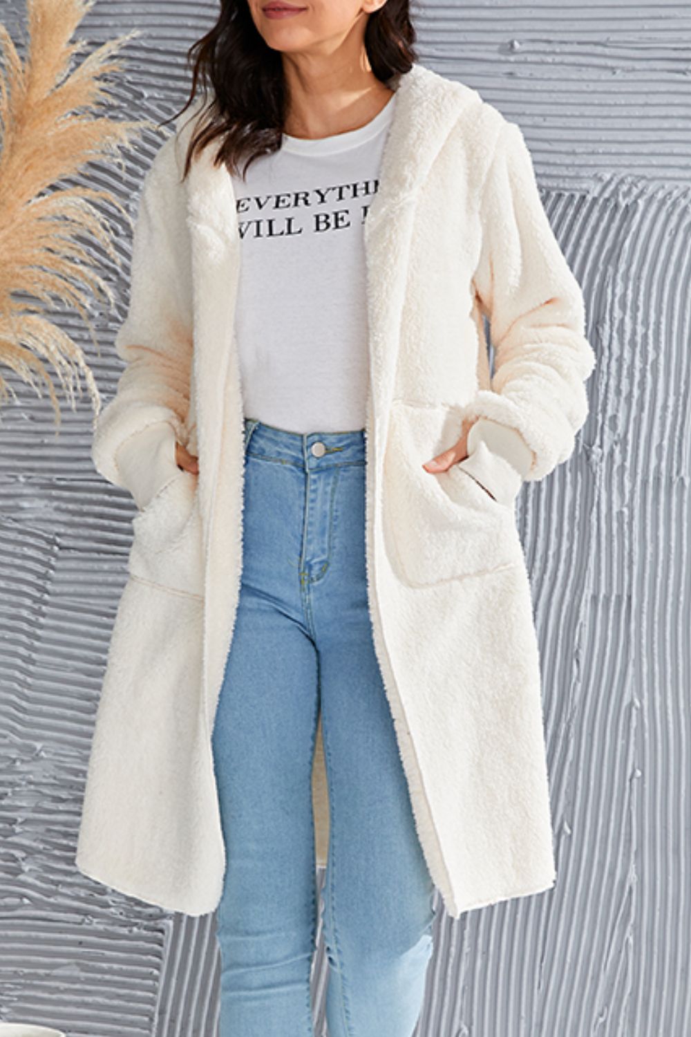 Double Take Full Size Hooded Teddy Bear Jacket with Thumbholes  DAME BOHEME