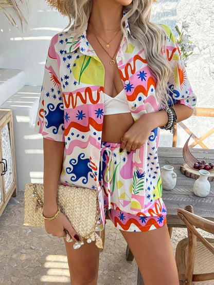 Devine Tropical Print Button-Down Shirt and Shorts Set Trendsi
