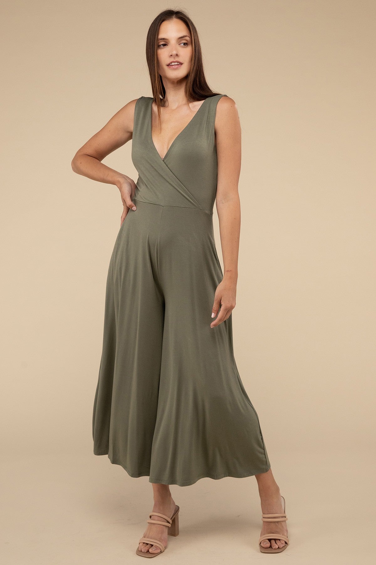 Surplice Neckline Sleeveless Midi Flared Jumpsuit ZENANA