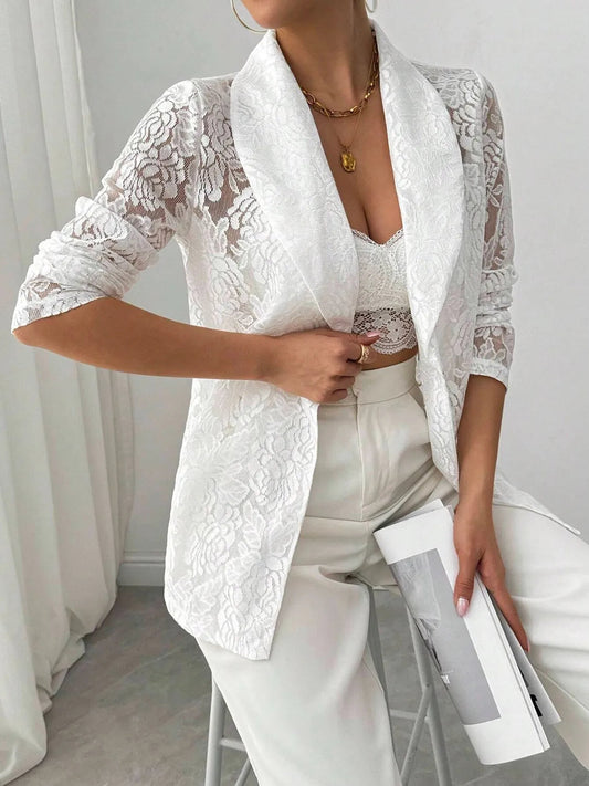 Sheer White Lace Lapel Collar Long Sleeve Blazer Plus Size Trendsi