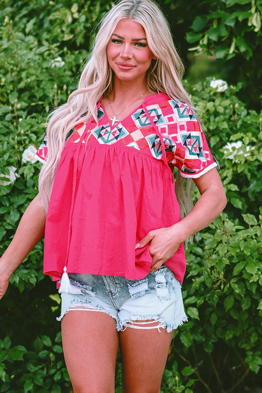 Zayla Embroidered Tassel Tie V-Neck Blouse  DAME BOHEME