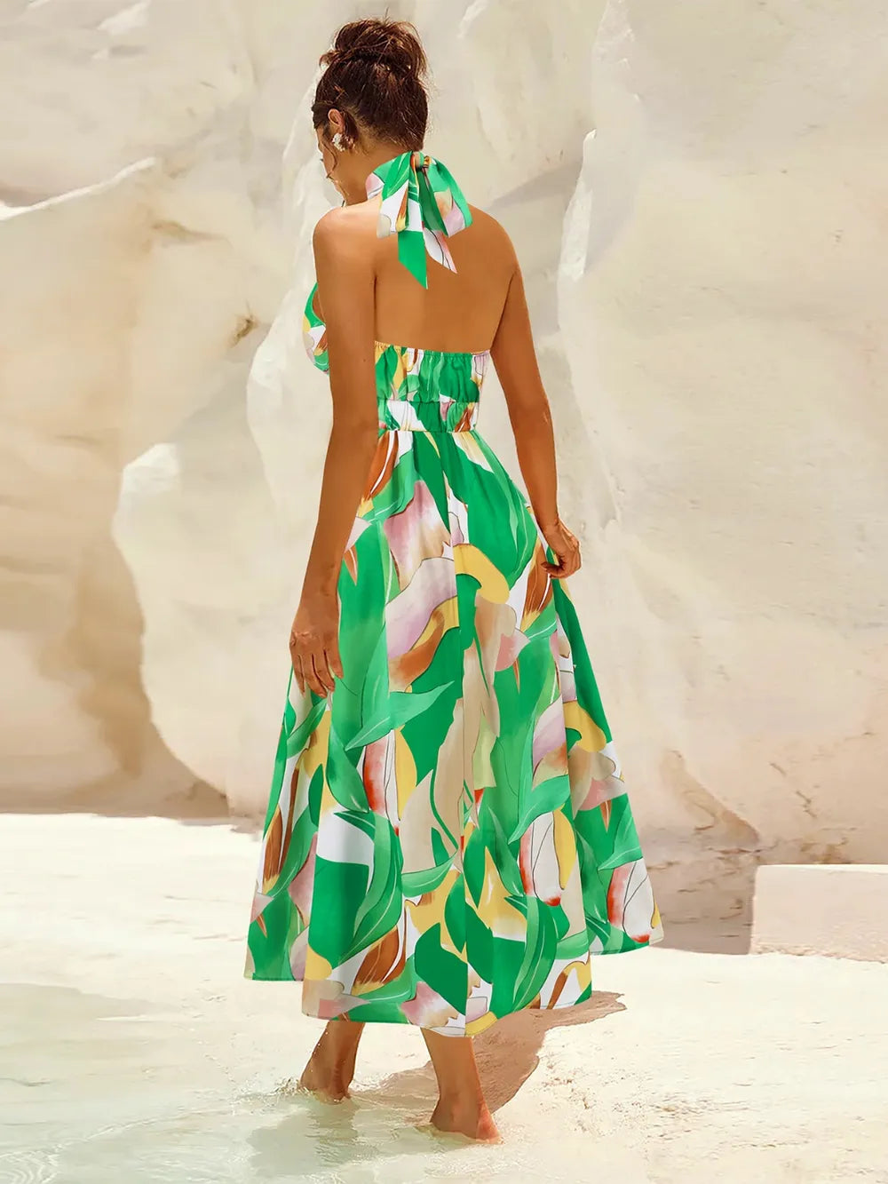 Ruched Printed Halter Neck Midi Dress Trendsi