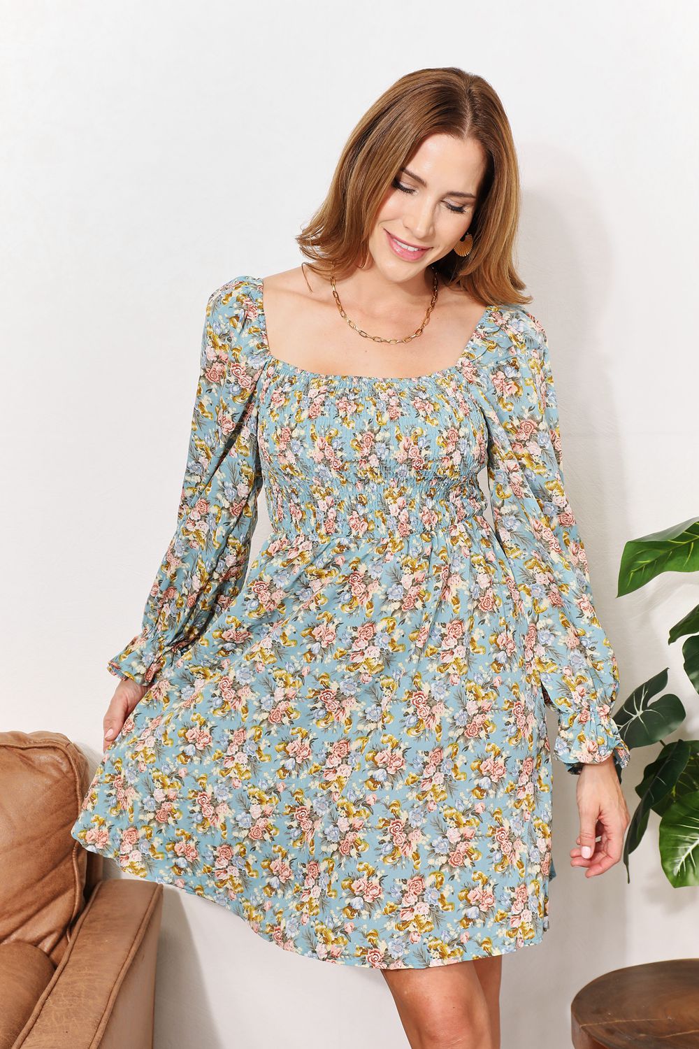 Honey Floral Smocked Flounce Sleeve Square Neck Mini Dress Trendsi