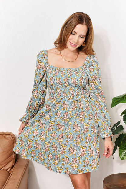 Honey Floral Smocked Flounce Sleeve Square Neck Mini Dress Trendsi
