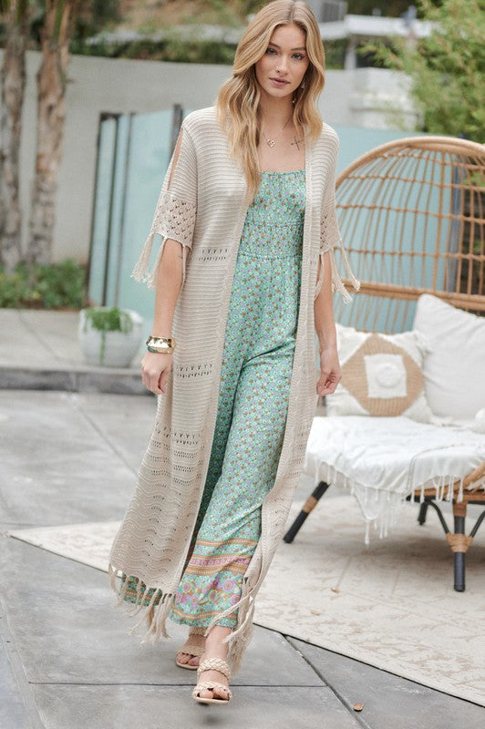 Solid Long Cardigan with Fringe Trimming