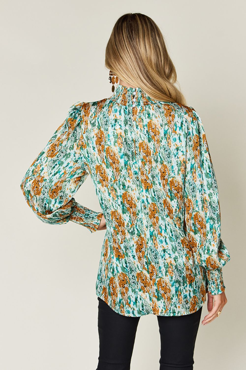 Double Take Full Size Printed Smocked Long Sleeve Blouse  DAME BOHEME
