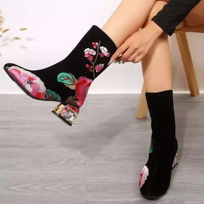 Floral Embroidered Rhinestone Block Heel Boots  DAME BOHEME