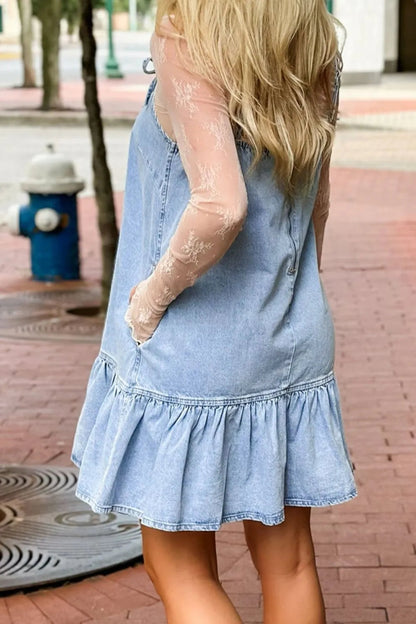 Bow Detail Spaghetti Straps Ruffle Hem Denim Dress Simply Love