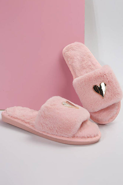 Parchment Heart Shape Buckle Decor Open Toe Plush Slippers  DAME BOHEME
