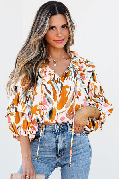 Aurelia Drawstring Frilled V Neck 3/4 Sleeve Blouse  DAME BOHEME