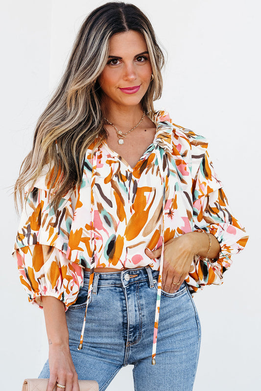 Aurelia Drawstring Frilled V Neck 3/4 Sleeve Blouse  DAME BOHEME