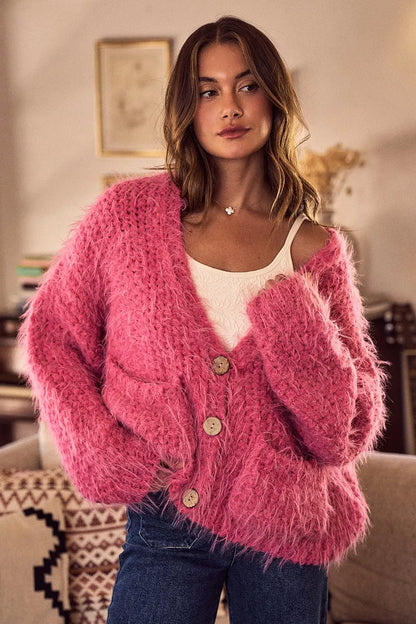 SO ME Soft Touch Hairy Loose Fit Cozy Sweater Cardigan  DAME BOHEME