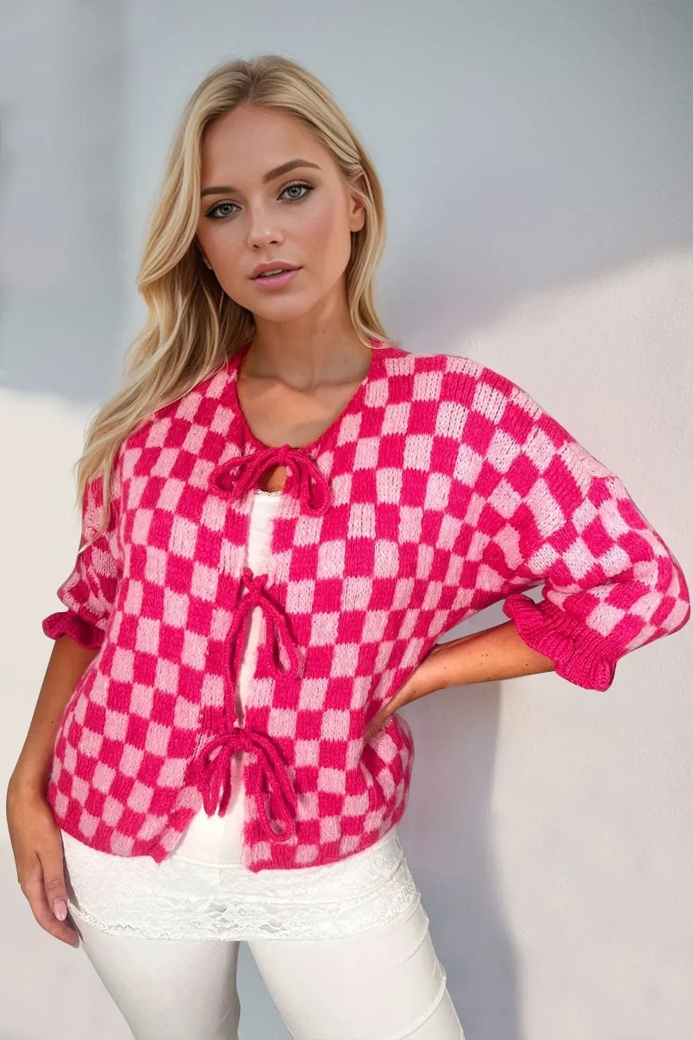 Double Take Tied Checkered Dropped Shoulder Flounce Sleeve Cardigan  DAME BOHEME