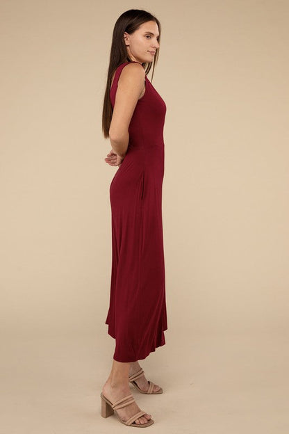 Surplice Neckline Sleeveless Midi Flared Jumpsuit ZENANA