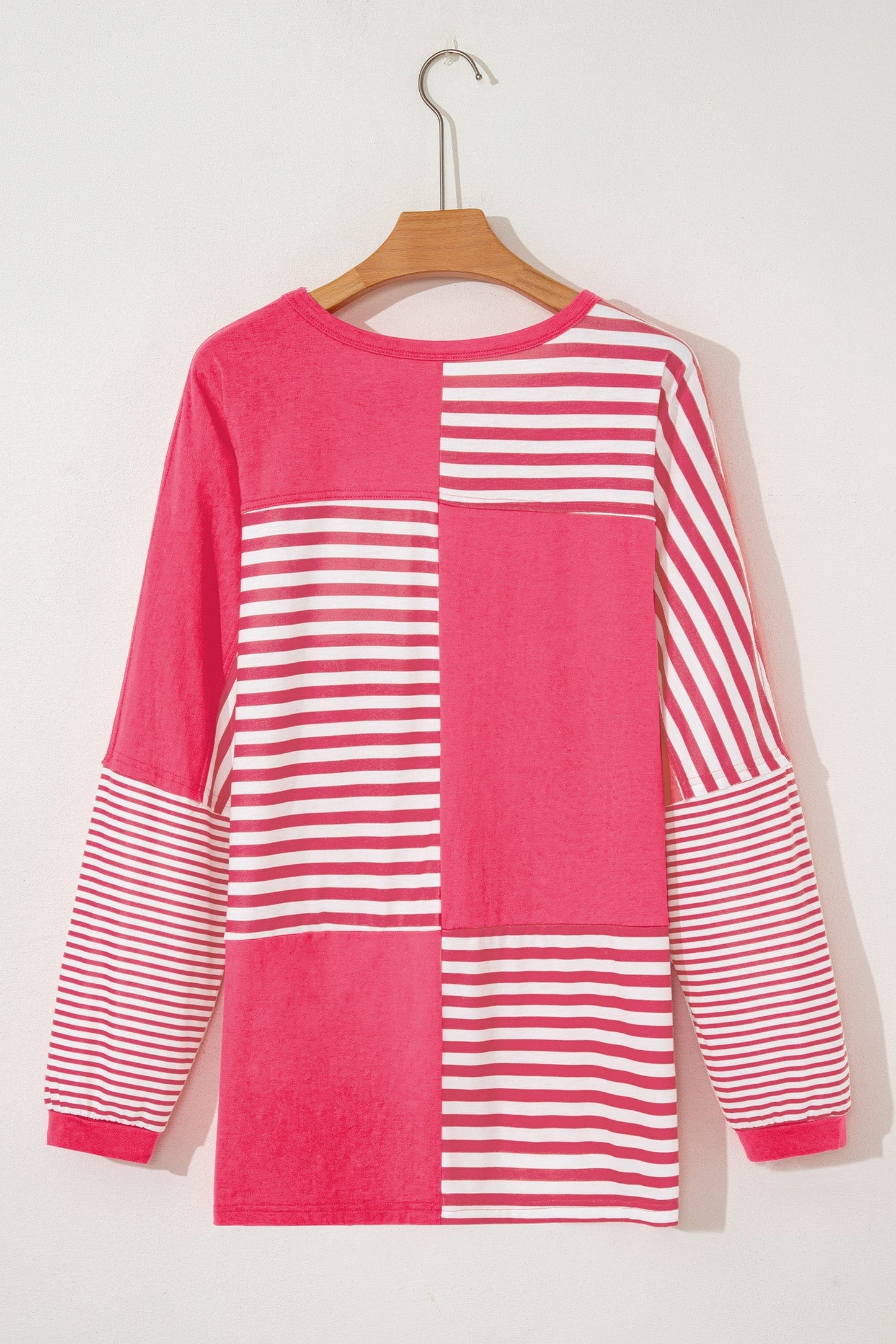 Pink Stripe Color Block Patchwork Drop Shoulder Long Sleeve Tunic Top  DAME BOHEME