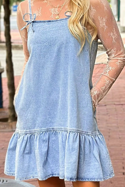 Bow Detail Spaghetti Straps Ruffle Hem Denim Dress Simply Love