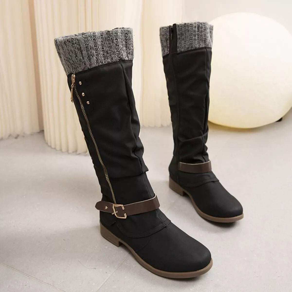 Knee High Slouch Boots with Knit Cuff  DAME BOHEME