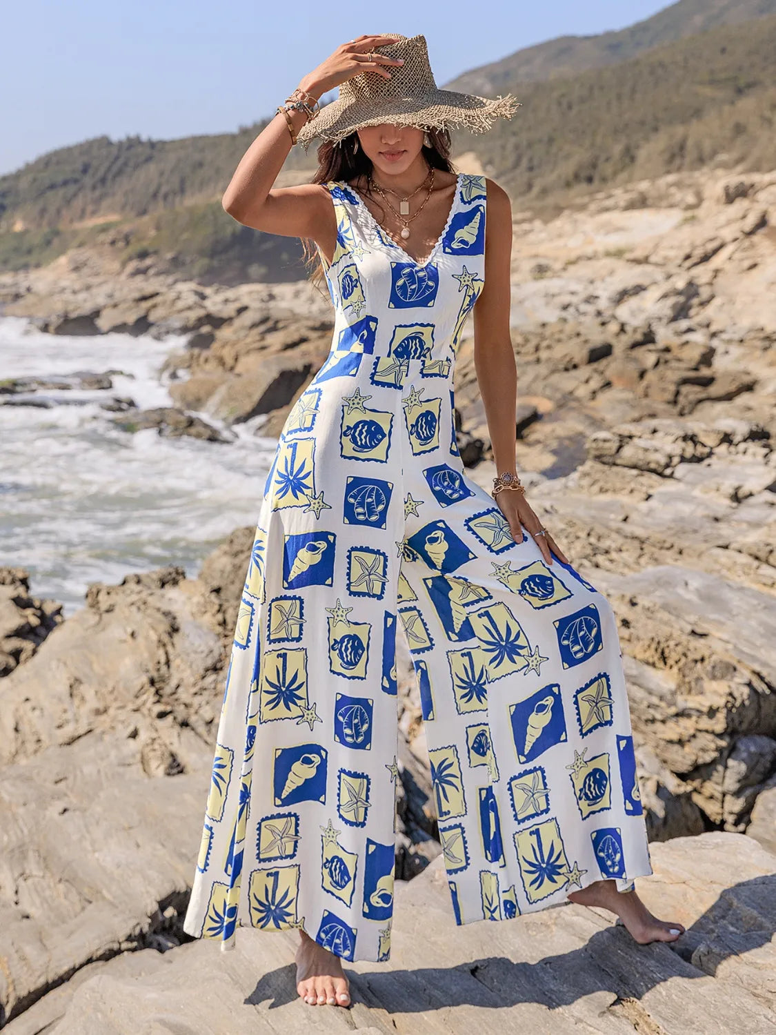 Printed V-Neck Wide Leg Jumpsuit Trendsi