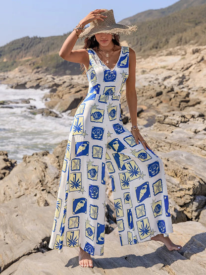 Printed V-Neck Wide Leg Jumpsuit Trendsi
