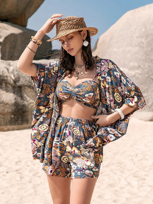Printed Bra, Cover-Up and Shorts Set Trendsi