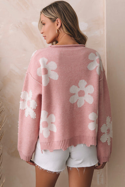 Jaycee Pearl Beaded Floral Drop Shoulder Sweater  DAME BOHEME