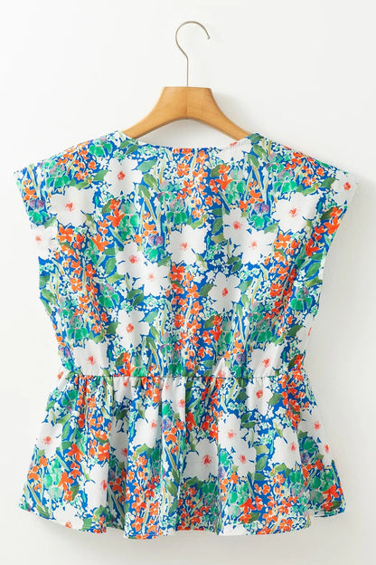Floral Print Bow Applique Slit Sleeveless Peplum Blouse  DAME BOHEME