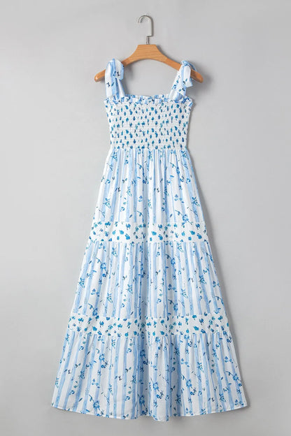 Floral Smocked Tied Straps A-Lined Tiered Dress