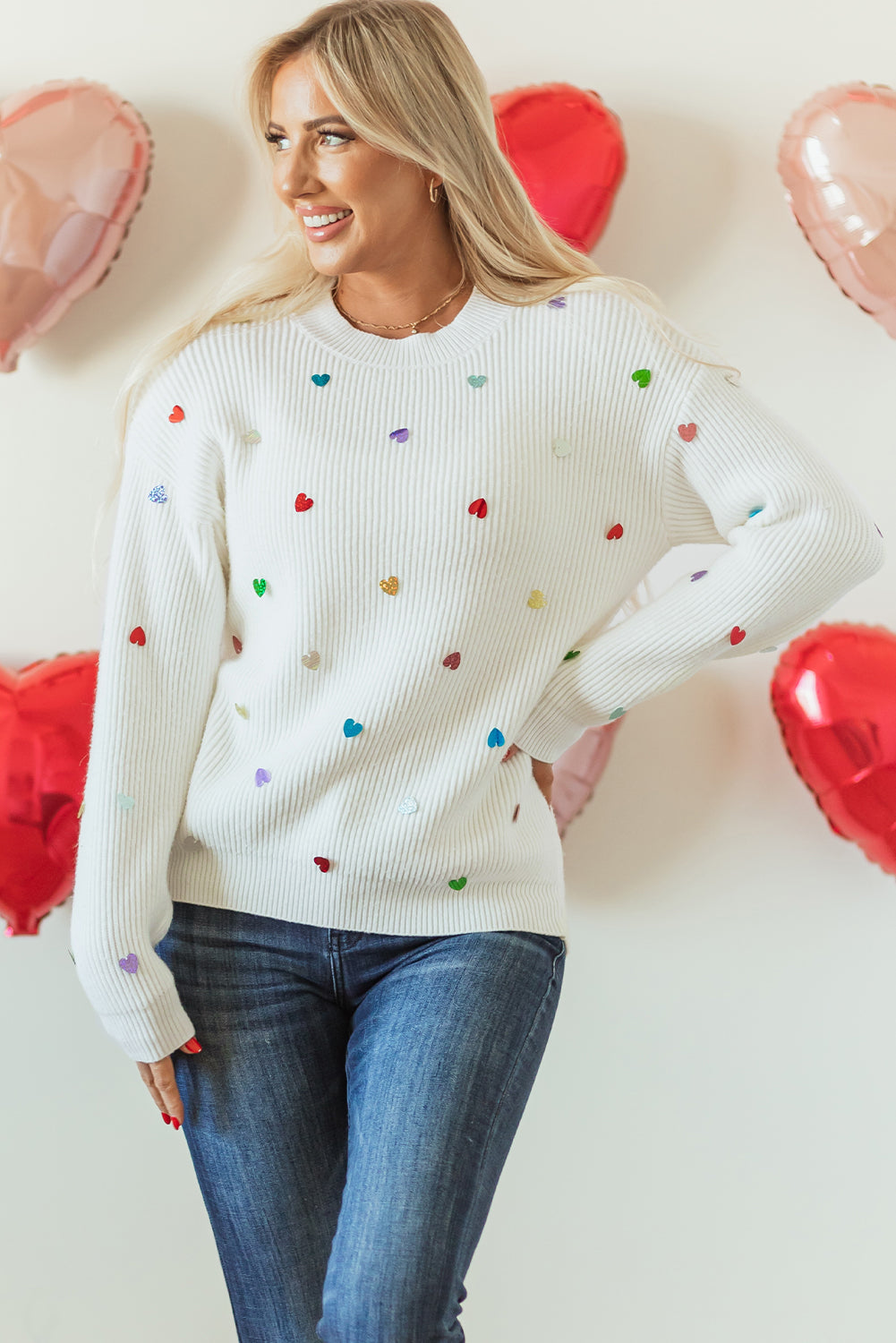 Sequin Heart Waffle Knit Sweater  DAME BOHEME