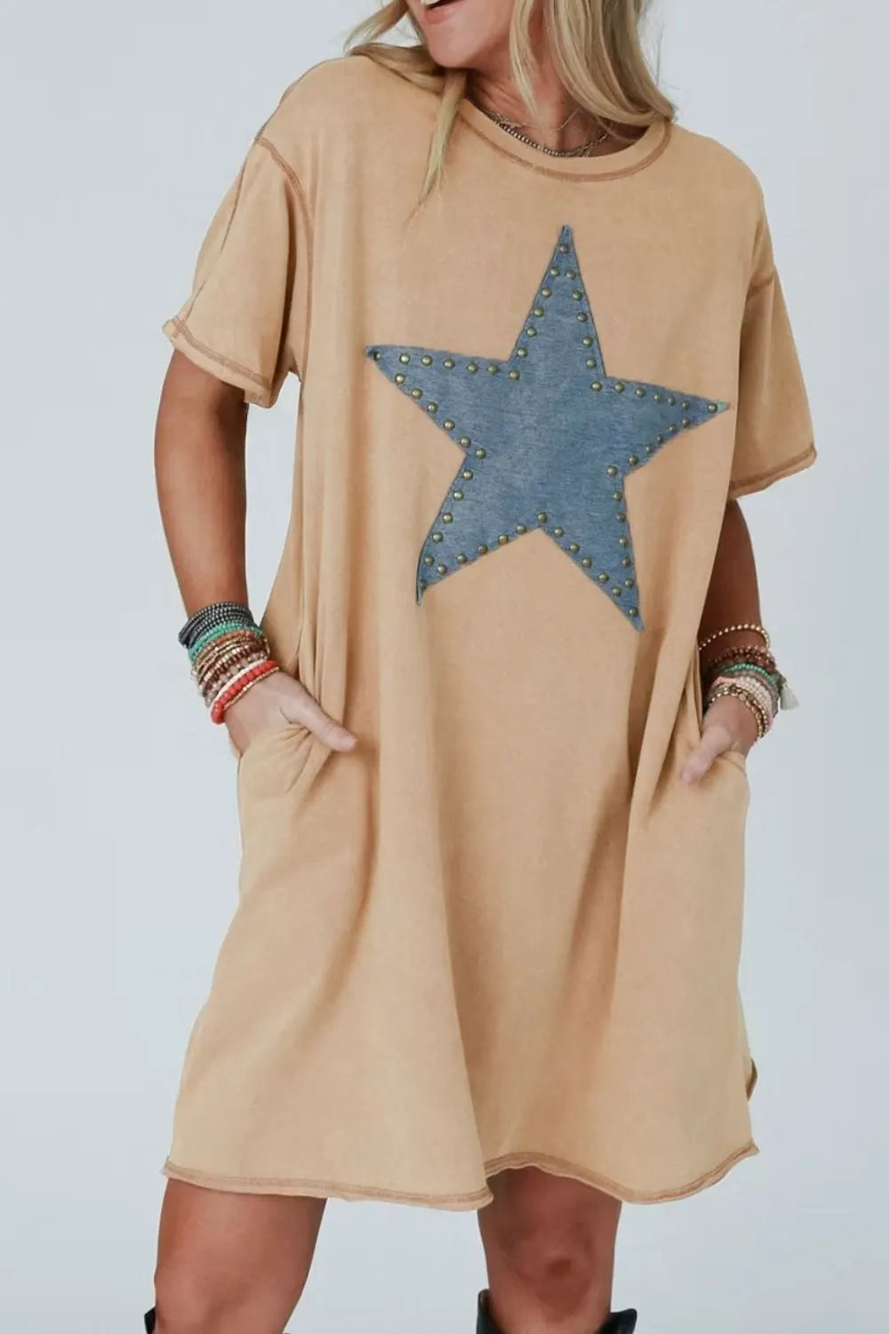 Mineral Wash Stud Beaded Star Pocketed T Shirt Dress  DAME BOHEME
