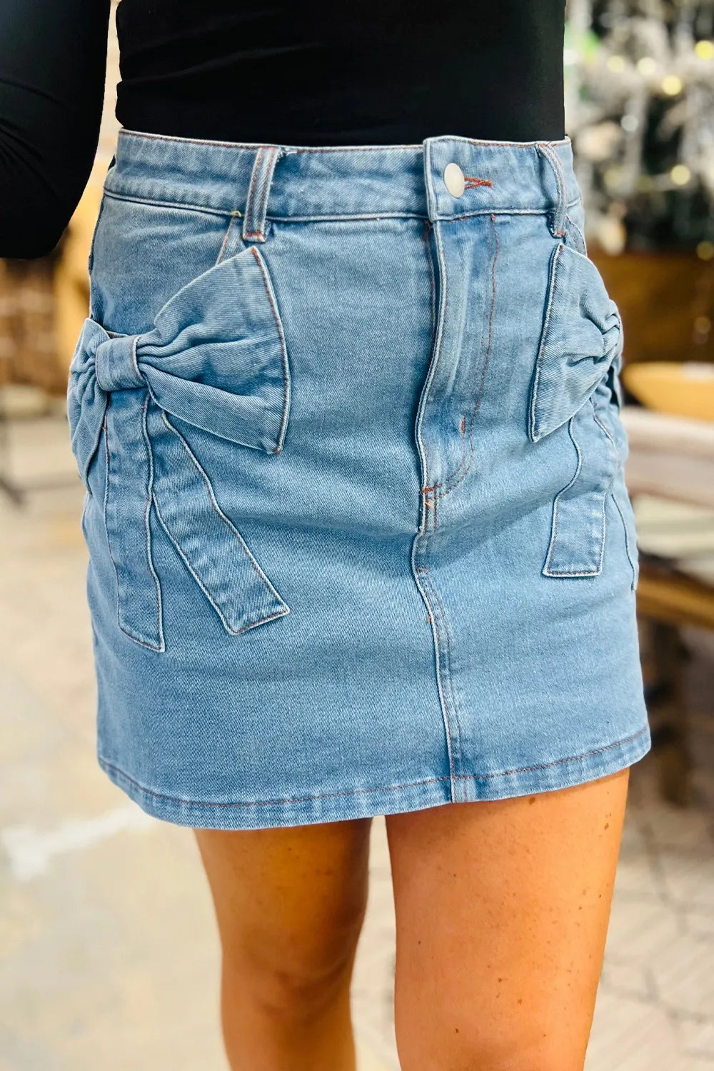 Acid Wash Bowknot Details High Waist Mini Denim Skirt Simply Love