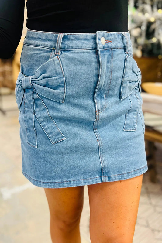 Acid Wash Bowknot Details High Waist Mini Denim Skirt Simply Love