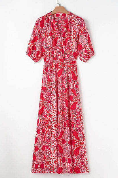 Paisley Print Side Slit Puff Sleeve High Waist Maxi Dress  DAME BOHEME