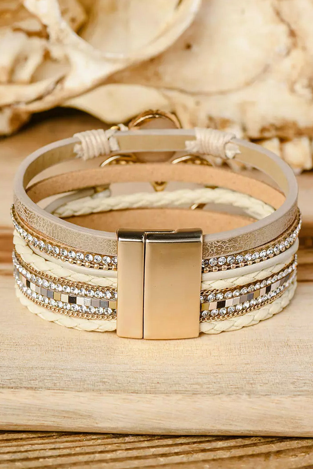 Beige Braided Heart Rhinestone Magnetic Buckle Multi Layered Bracelet  DAME BOHEME