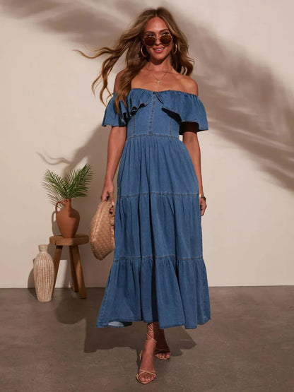 Off Shoulder Ruffle Tiered Denim Midi Dress Trendsi