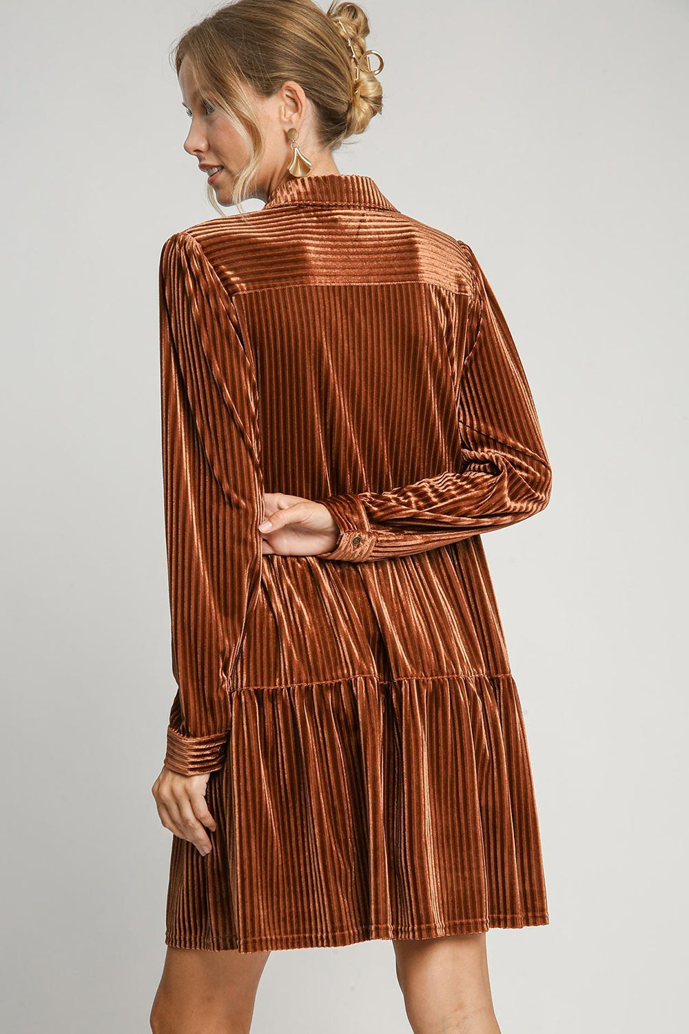 Umgee Texture Tiered Collared Long Sleeve Dress Trendsi