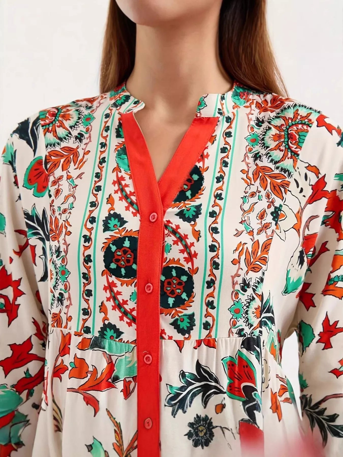 Printed Notched Long Sleeve Maxi Dress  DAME BOHEME