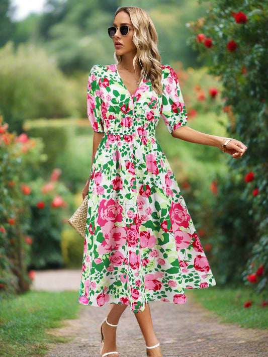 Ruched Roses Surplice Short Sleeve Dress Trendsi