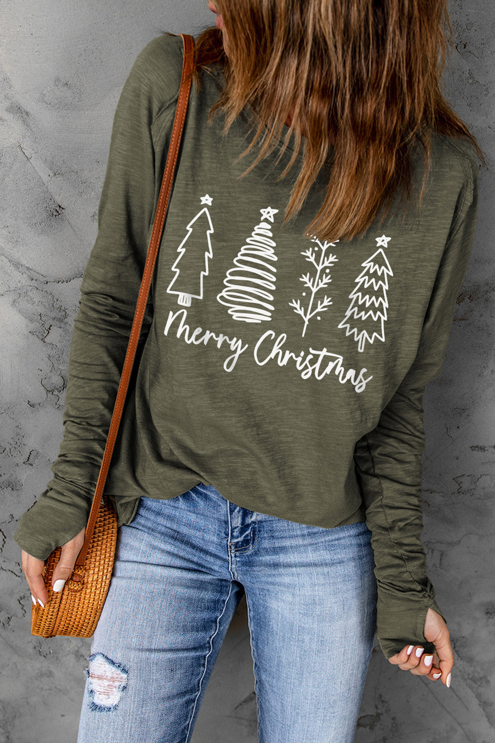 Thea Merry Christmas Trees Thumbhole Sleeve Graphic Tee  DAME BOHEME