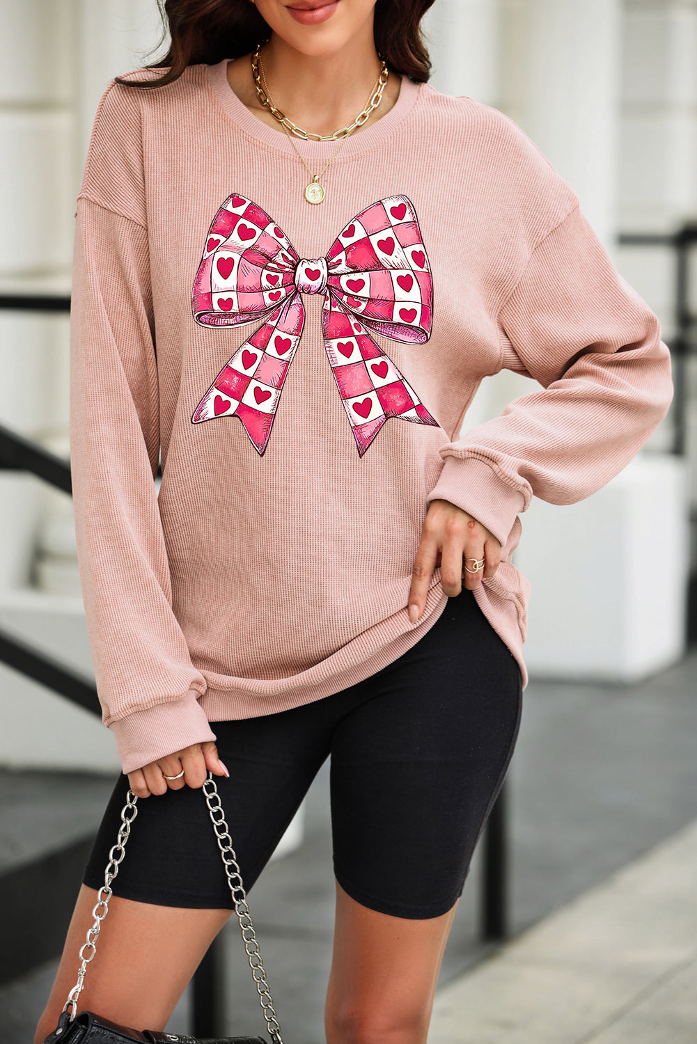 Valentine’s Day Bow Drop Shoulder Long Sleeve Sweatshirt  DAME BOHEME
