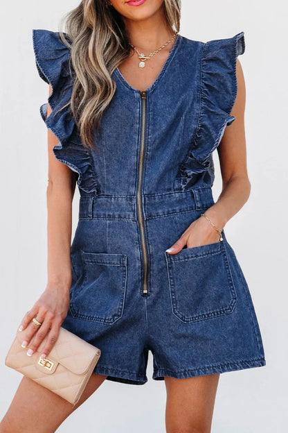 Denim Ruffled Zipped Front Belted Romper Trendsi