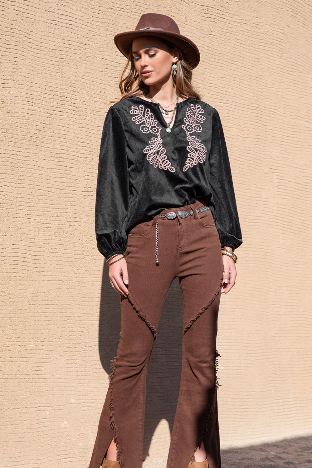 Embroidered Notched Neck Long Sleeve Blouse Trendsi