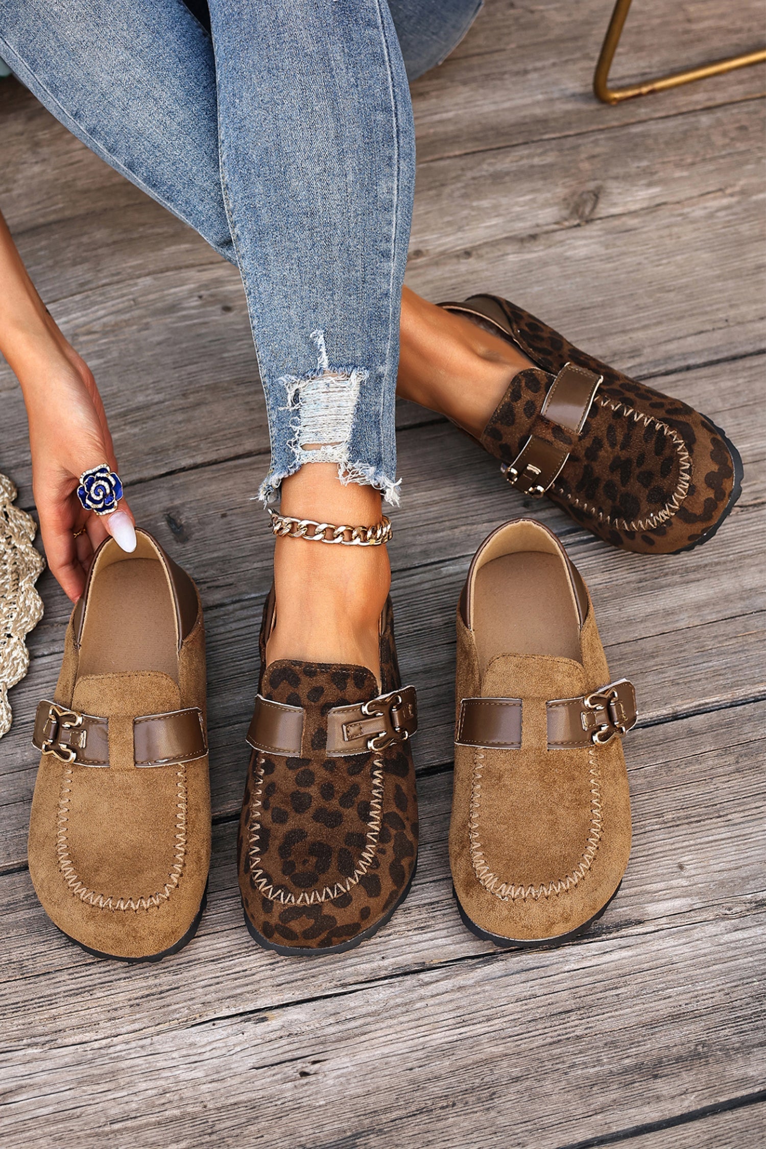 Coffee Faux Suede PU Leather Patchwork Retro Buckle Slip On Shoes  DAME BOHEME