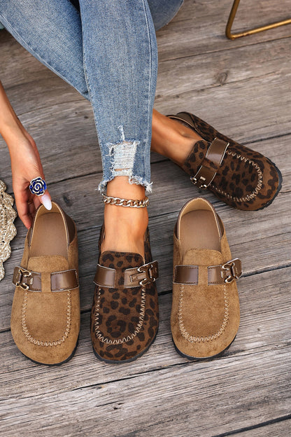 Coffee Faux Suede PU Leather Patchwork Retro Buckle Slip On Shoes  DAME BOHEME
