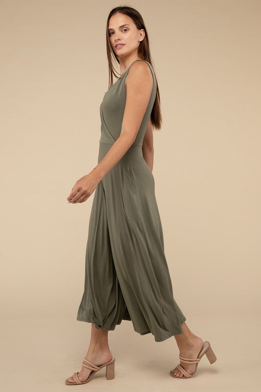 Surplice Neckline Sleeveless Midi Flared Jumpsuit ZENANA